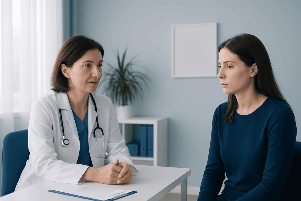 Doctor consulting with a young female patient in a medical office.