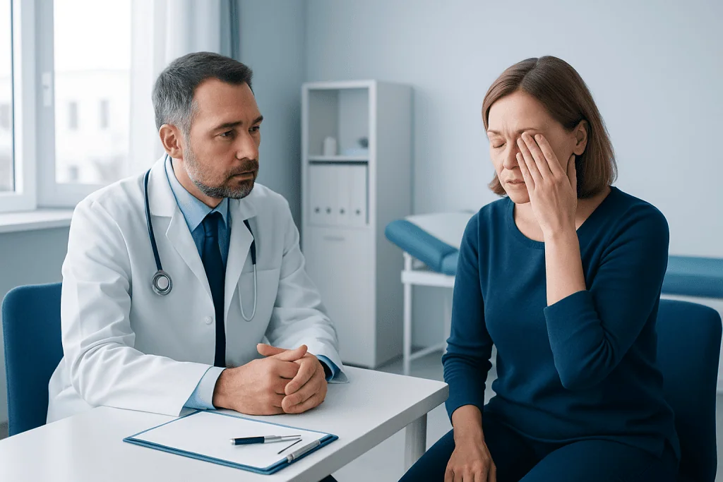 Doctor consulting with a woman patient in a medical office.