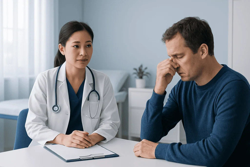 Doctor consulting with a patient experiencing sinus discomfort.