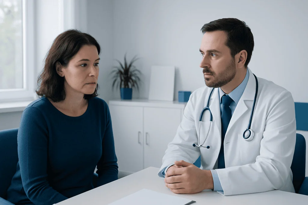 Doctor consulting with a woman patient in a medical office setting.