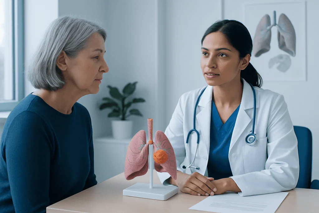 Doctor explaining lung cancer risks to an elderly patient with lung model.