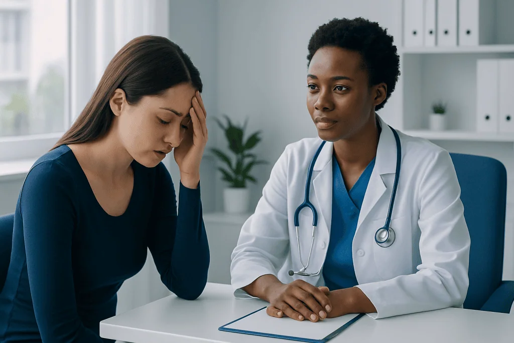 Doctor consulting with a worried patient in a medical office.