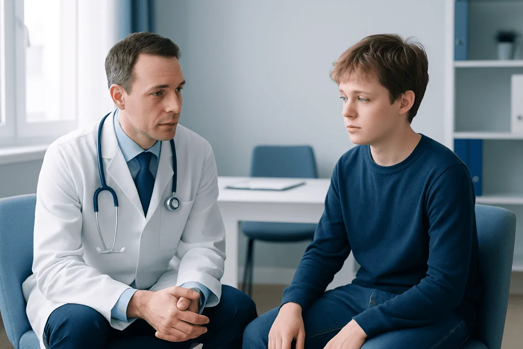 Doctor consulting with a young patient in a medical office.
