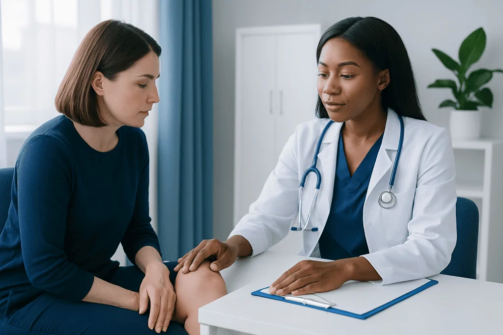 Doctor examining patient's knee in a medical consultation room.