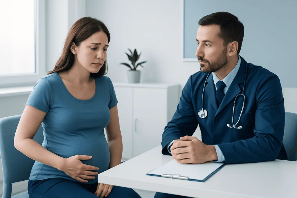 Pregnant woman consulting with a doctor in a medical office.