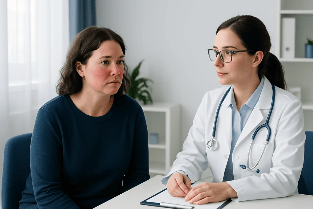 Doctor consulting with a patient about facial redness and skin health.