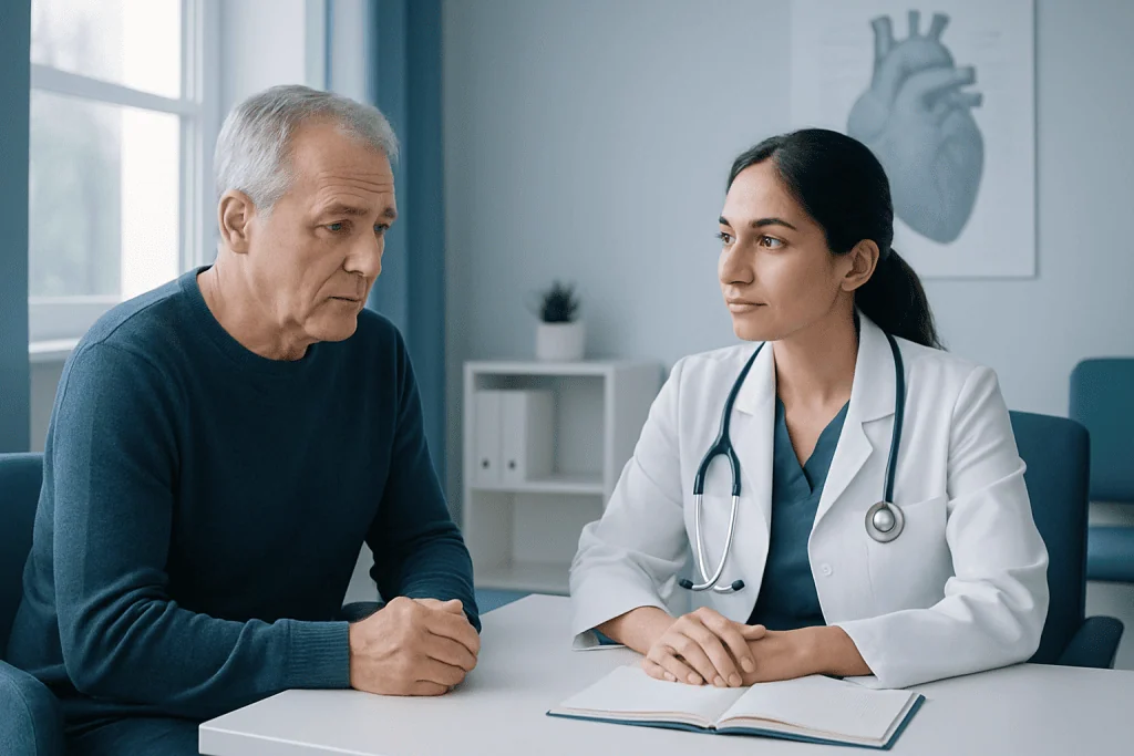 Doctor consulting with an older male patient in a medical office.