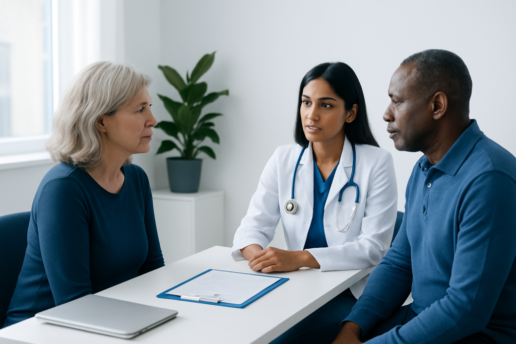 Doctor consulting with elderly woman and man in a medical office.