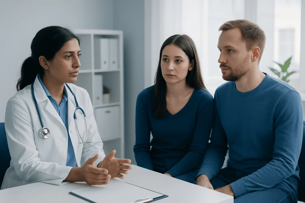Doctor consulting with young patients about health concerns in a medical office.