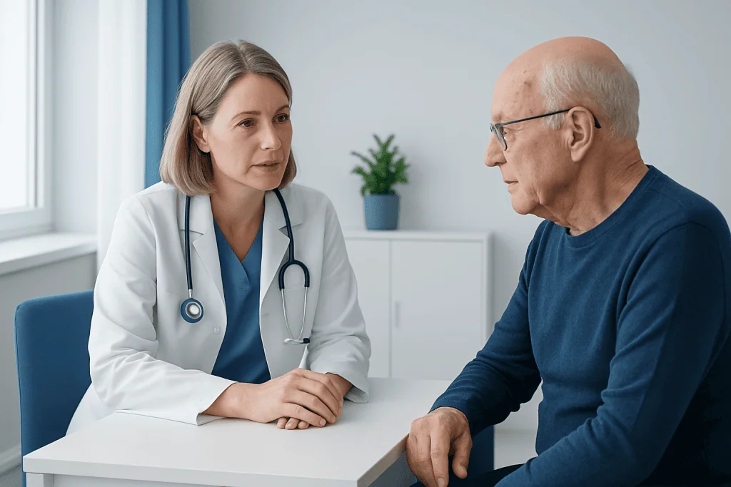 Doctor consulting with elderly male patient in a medical office.