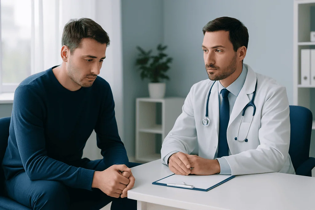 Doctor consulting with male patient in a medical office.