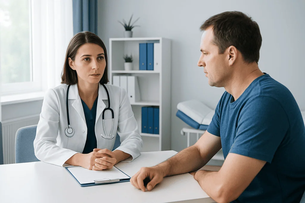 Doctor consulting patient in a medical office setting.