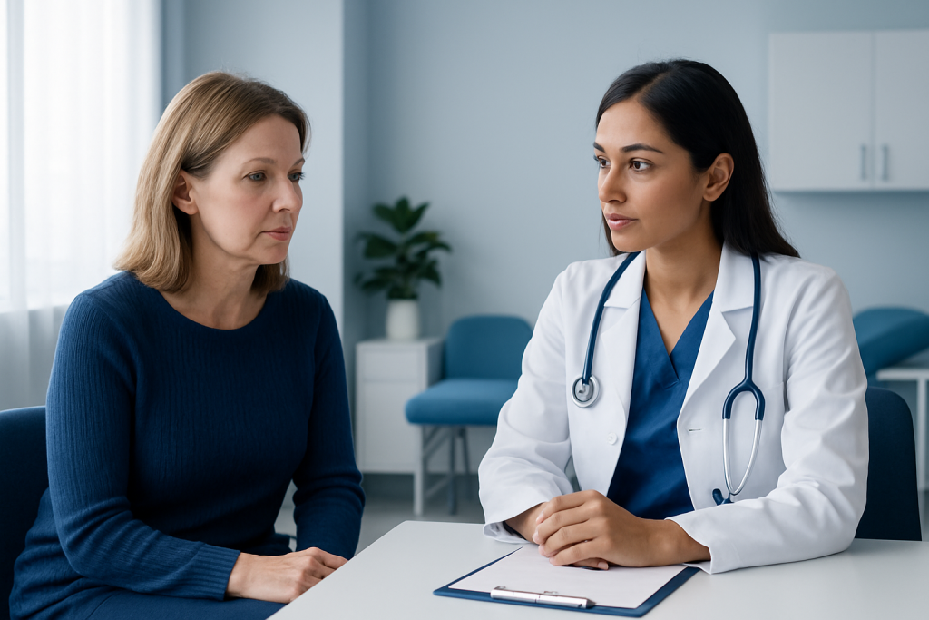 Doctor consulting with a patient in a modern hospital room.