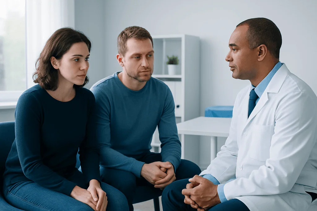 Doctor consulting with a couple about sexual health in a medical office.