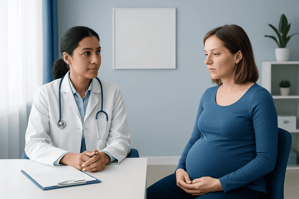 Doctor consulting pregnant woman in a medical office.
