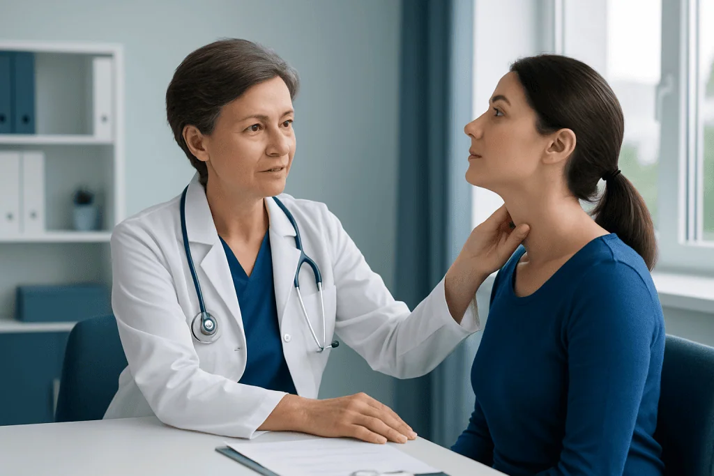 Doctor examining a patient's neck in a medical consultation room.