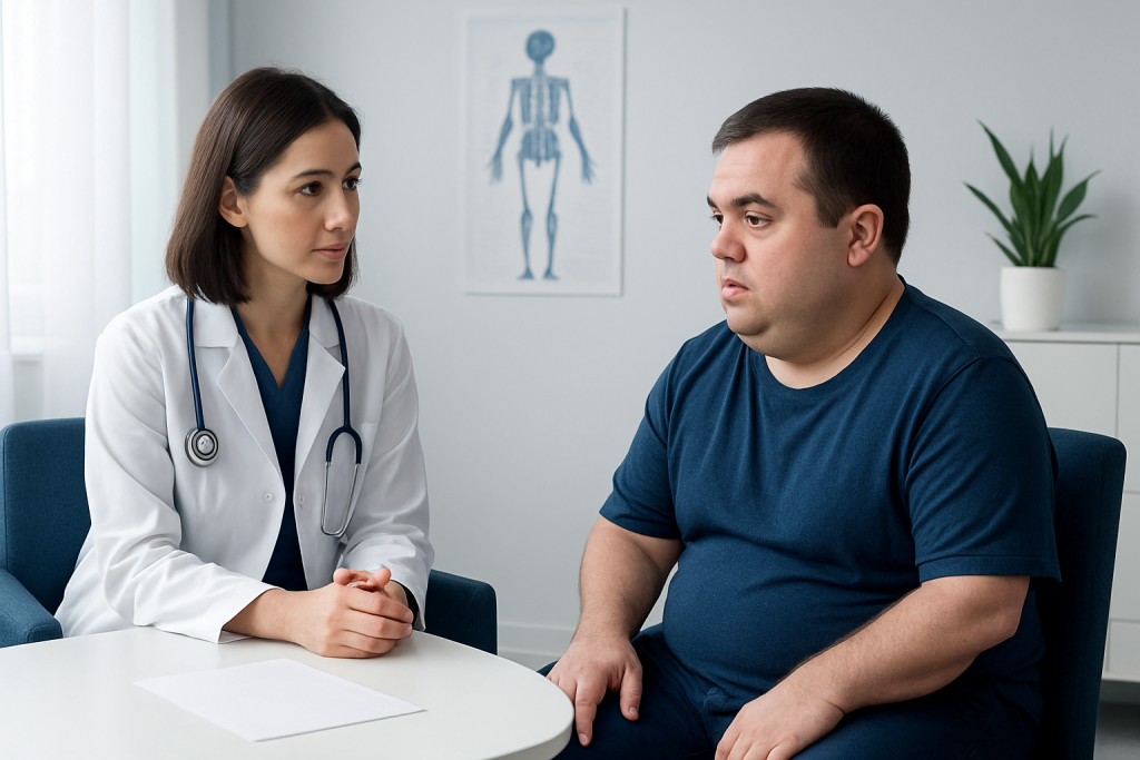 Doctor consulting with patient about neurological health in clinic.