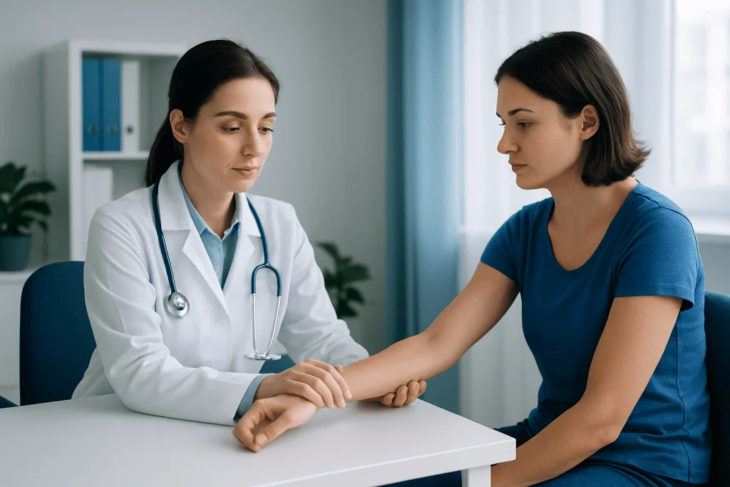 Doctor examining patient's arm in a medical consultation at Acibadem Hospital.