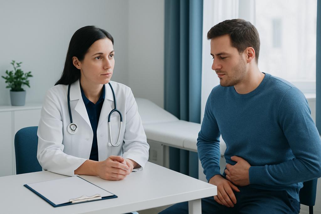 Doctor consulting with patient about ileitis diagnosis and treatment options.