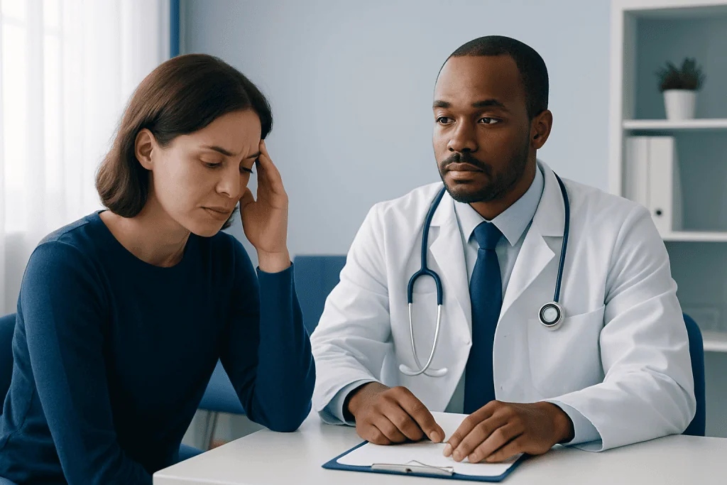 Patient experiencing headache consults with doctor in clinic setting.