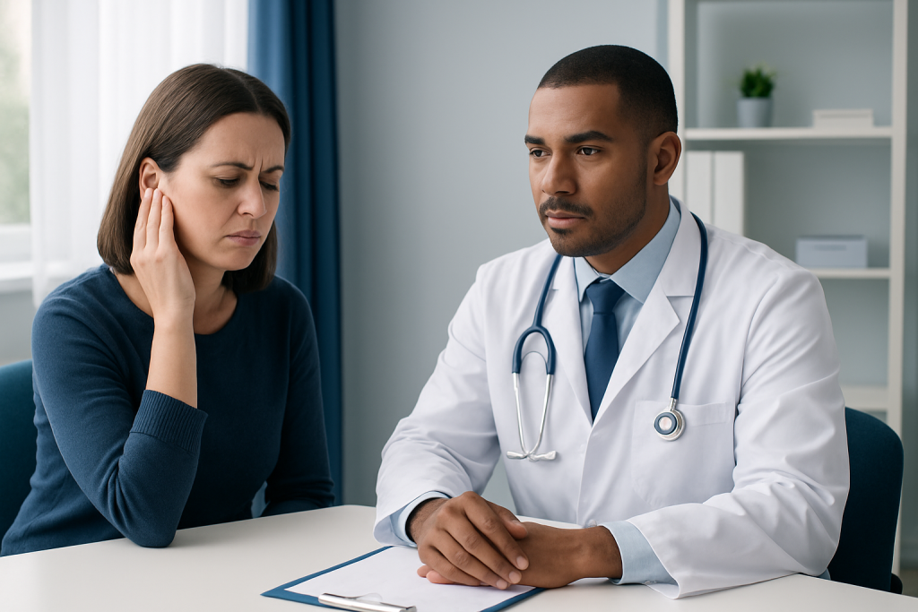 Doctor consulting with a patient about ear pain and health concerns.