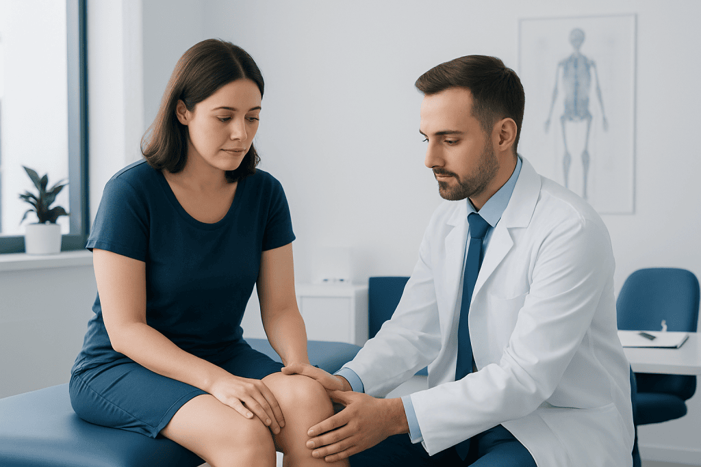 Doctor examining patient's knee in a medical consultation room.