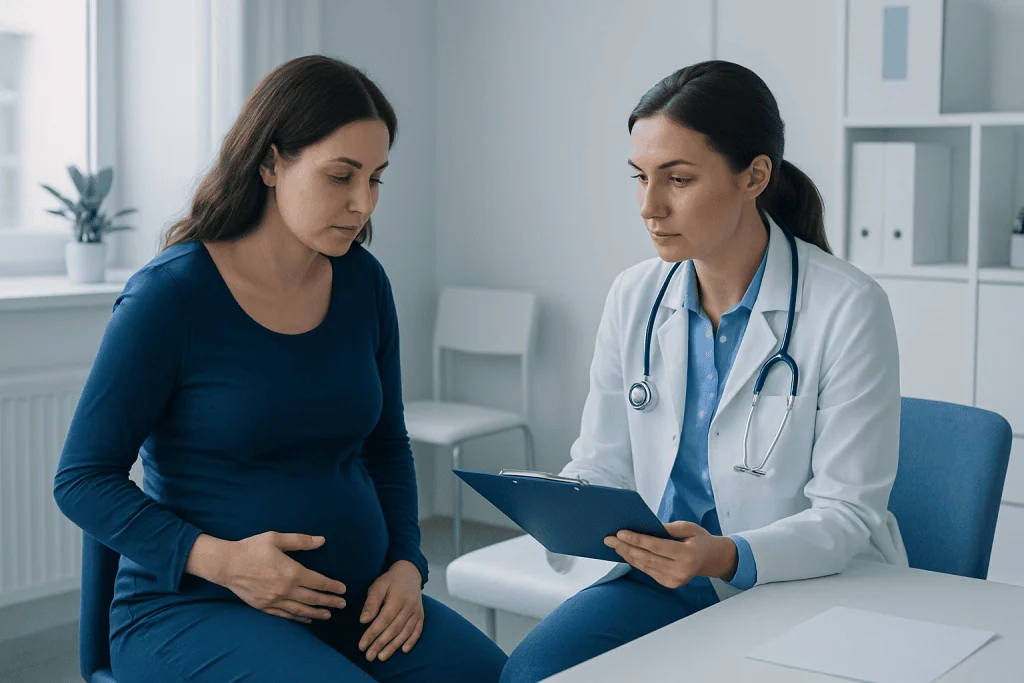 Pregnant woman consulting with a doctor in a medical office.