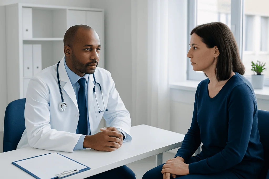 Doctor consulting with a female patient in a bright clinic room.