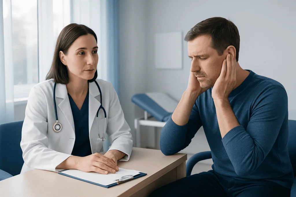 Doctor consulting with a patient about ear pain in a medical office.