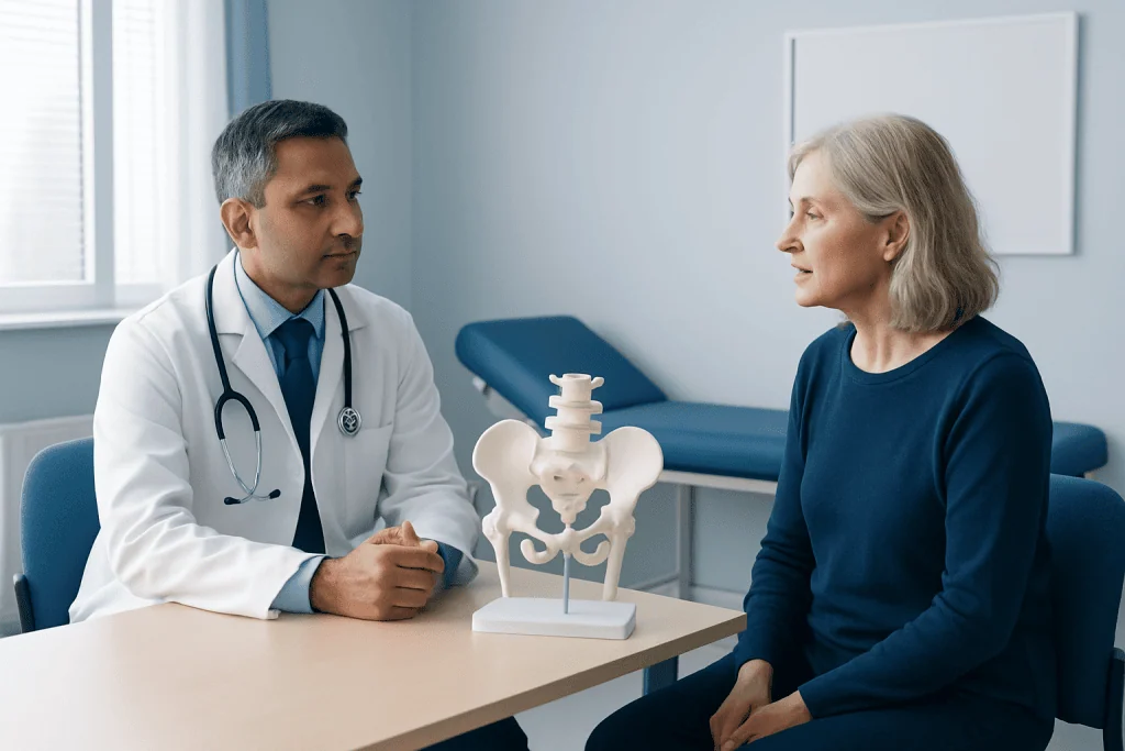 Doctor explaining pelvic anatomy to an elderly female patient in a consultation room.