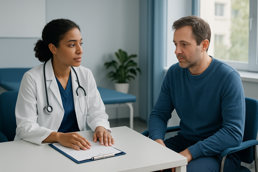 Doctor consulting with male patient in a medical office setting.