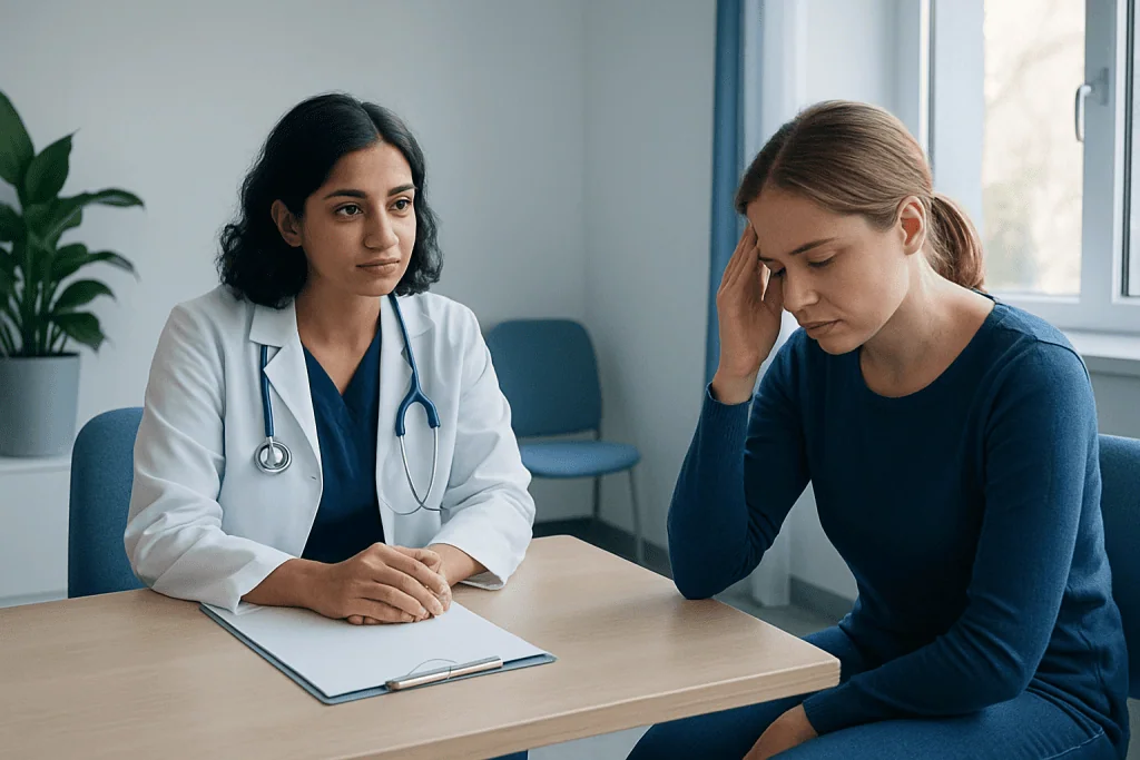 Doctor consulting with a patient experiencing stress or anxiety.