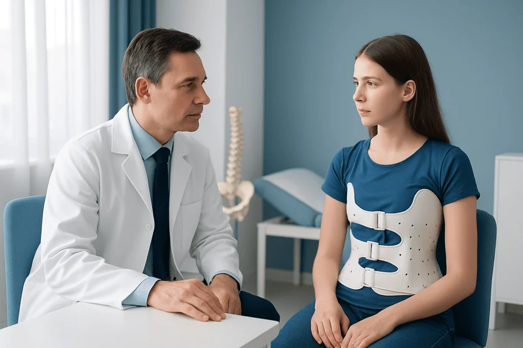 Doctor consulting with a young girl wearing a scoliosis brace in a medical office.