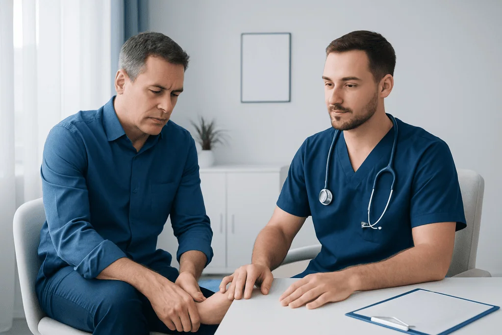 Doctor examining patient's ankle for ligament injury in clinic setting.
