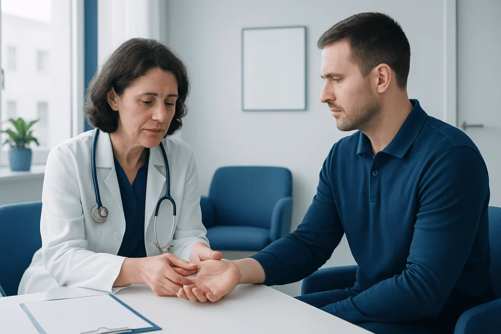 Doctor examining patient's hand in a medical consultation room.