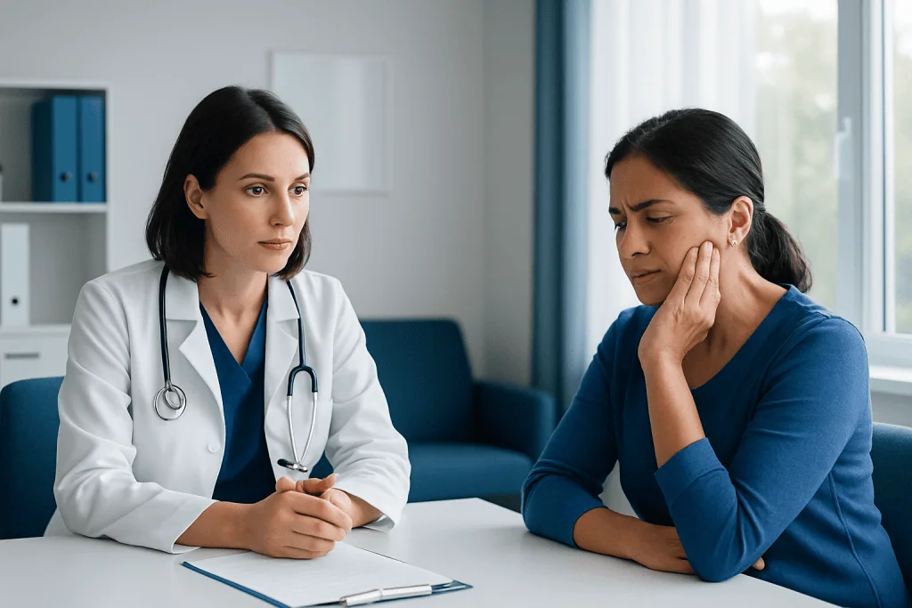Doctor consulting with a patient about neuralgia symptoms in a clinic setting.