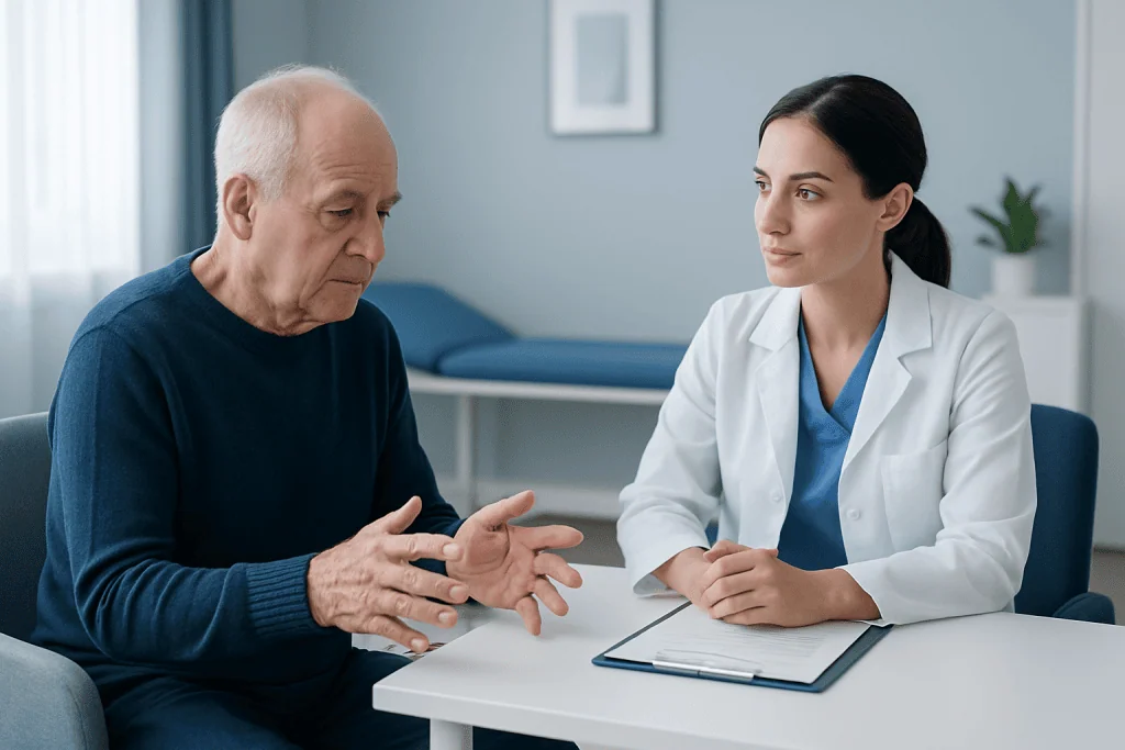 Doctor consulting with elderly patient in a medical office.