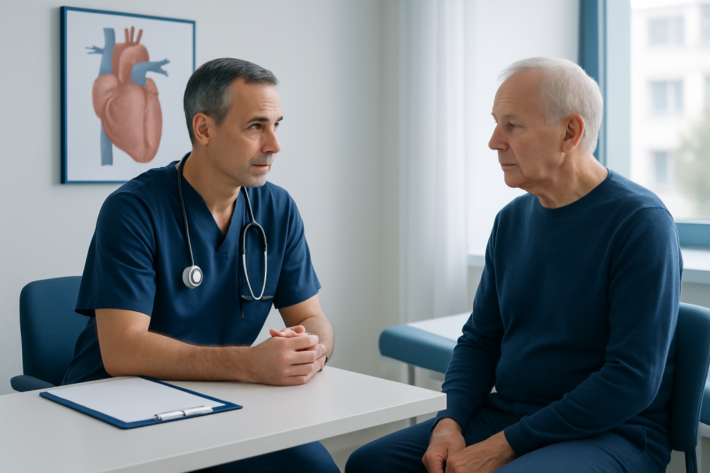 Doctor consulting with senior male patient in a medical office.