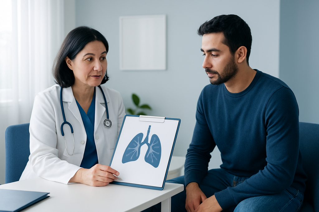 Doctor explaining lung health to patient with lung diagram.