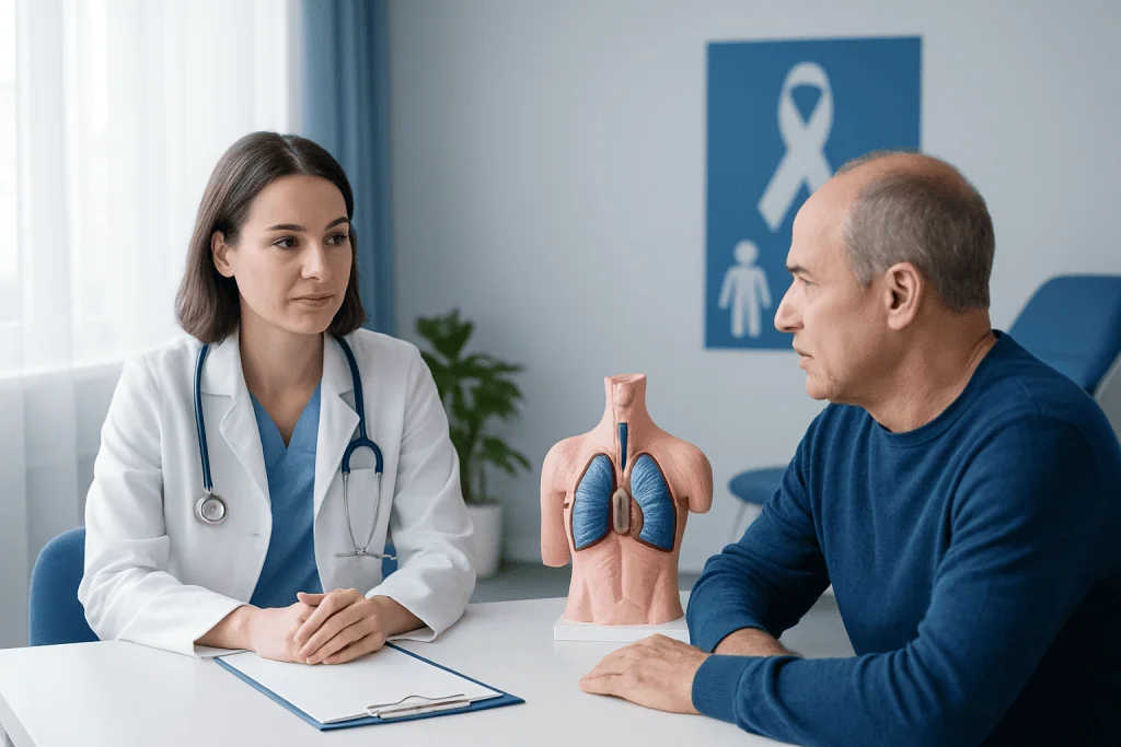 Doctor explaining lung health to patient in a medical consultation.