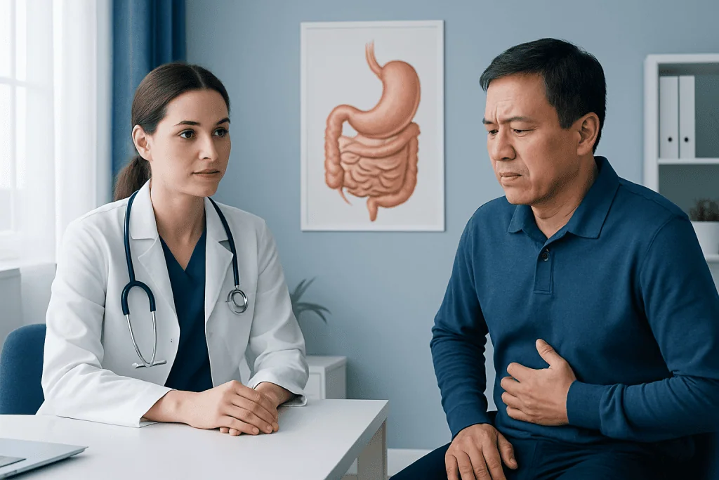Doctor consulting with patient about digestive health in clinic.