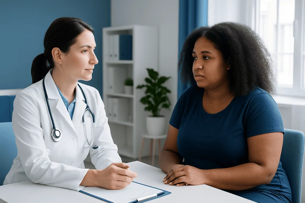 Doctor consulting with a patient about hair concerns in a clinic setting.