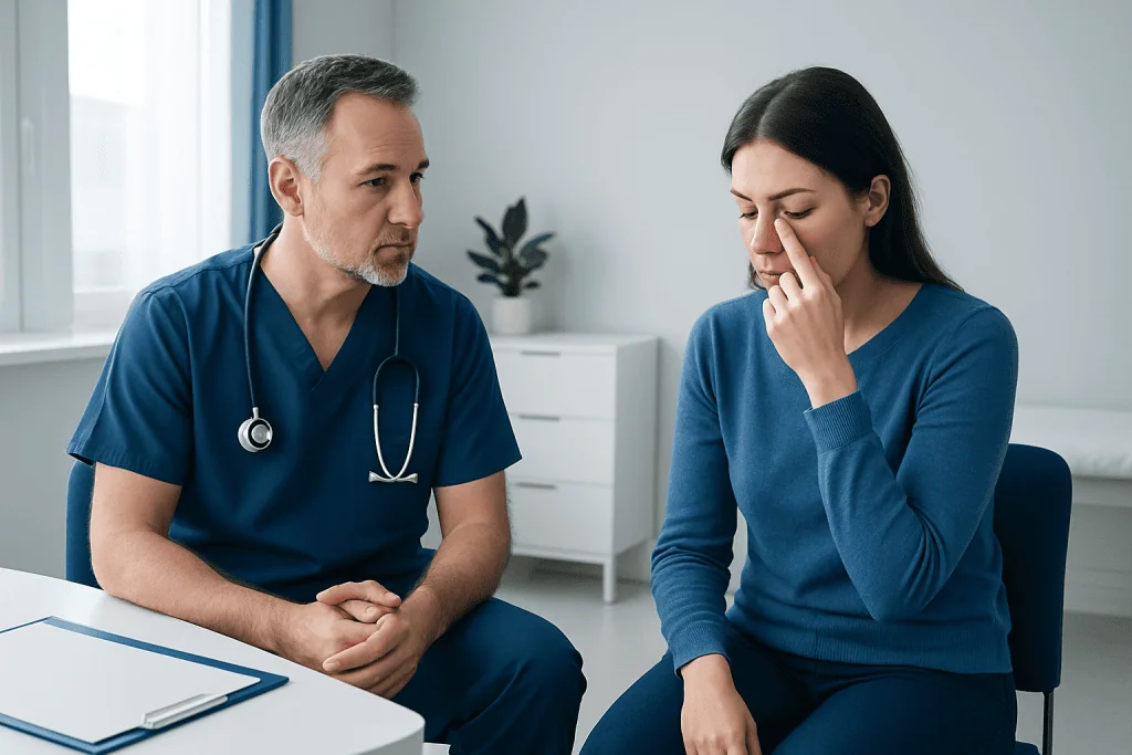 Doctor consulting a woman with eye discomfort in a clinical setting.