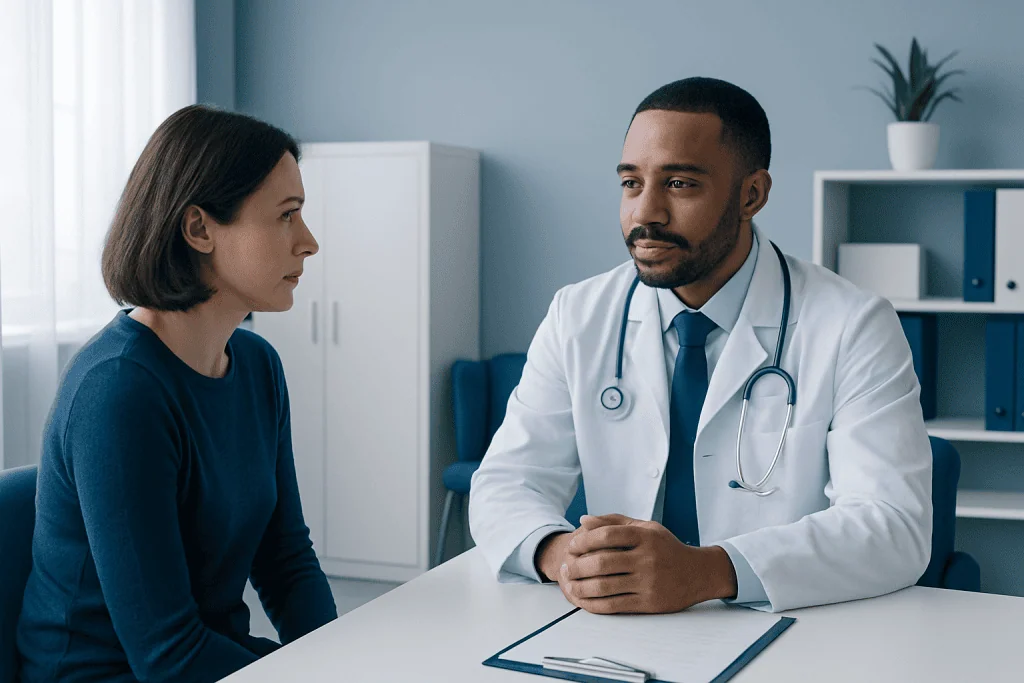 Doctor consulting patient about enthesitis symptoms in a medical office.