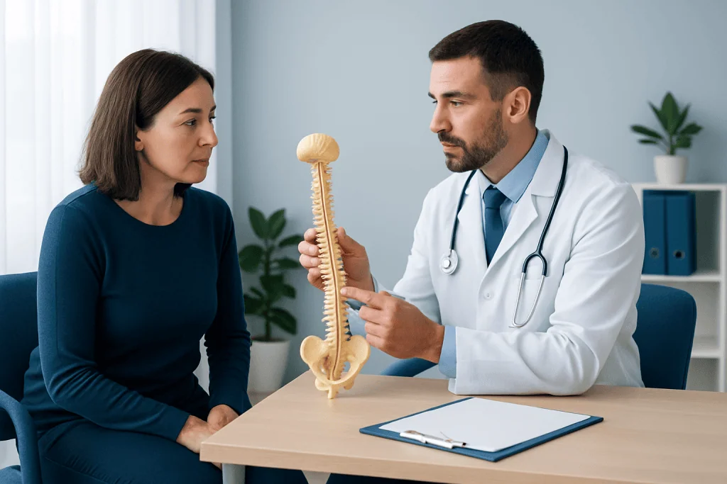 Doctor explaining spinal cord anatomy to a patient in a medical consultation.