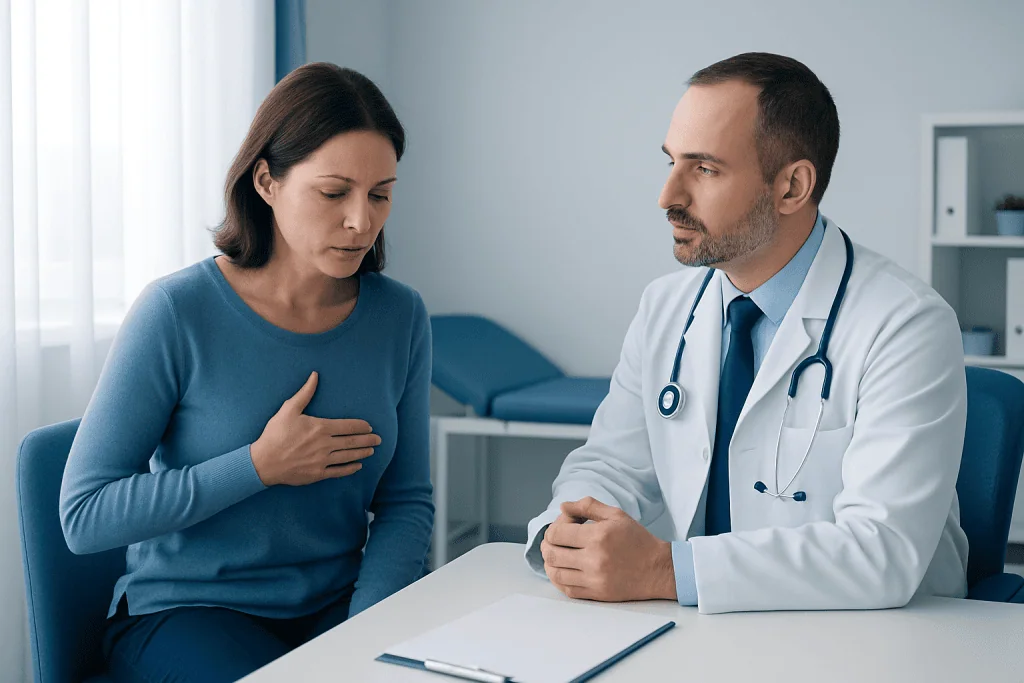 Doctor consulting with a woman patient about breast health issues.