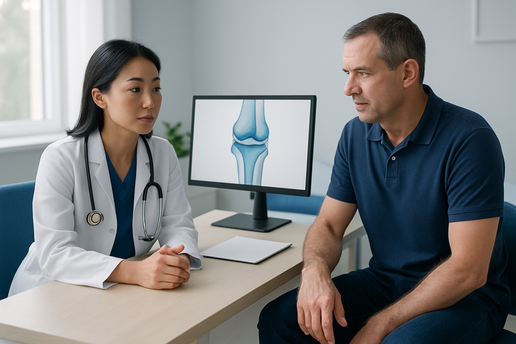 Doctor explaining knee joint issues to patient in a medical consultation room.