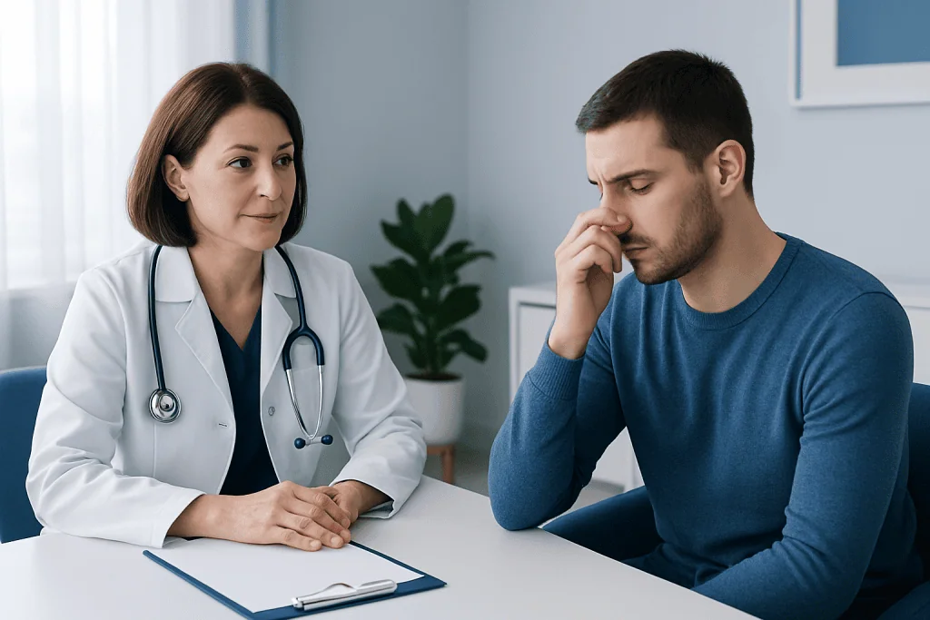 Doctor consulting with a patient about health concerns in a medical office.