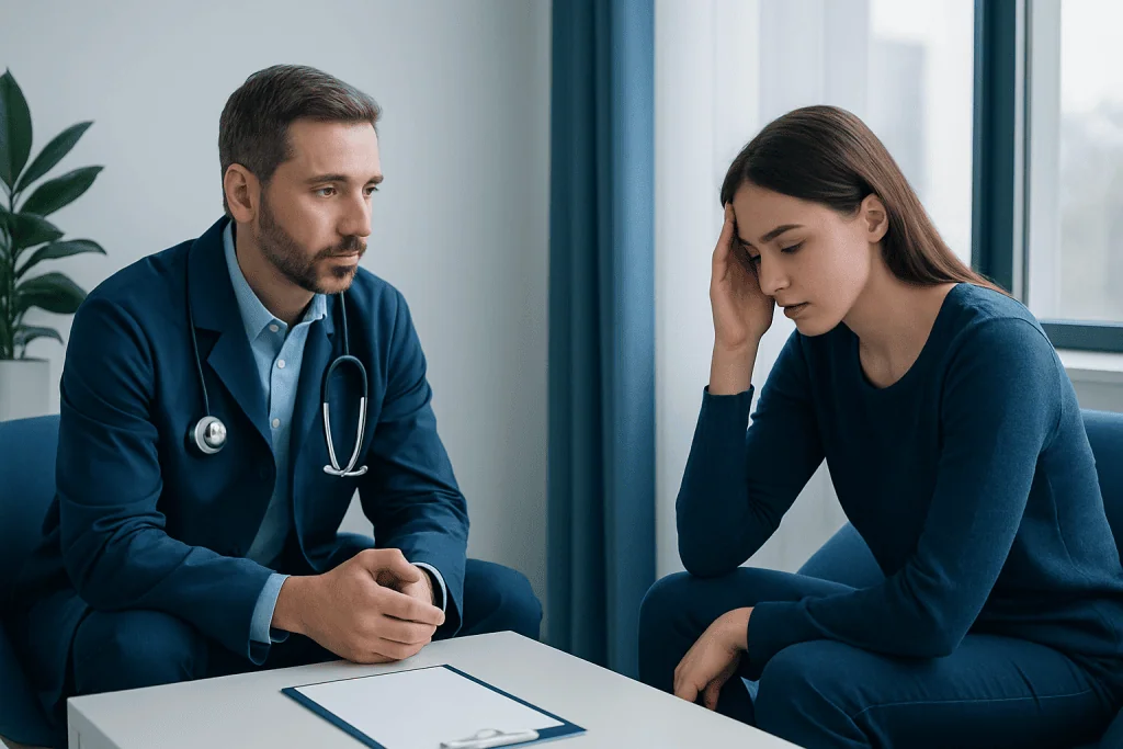 Doctor consulting with a young woman about mental health concerns.