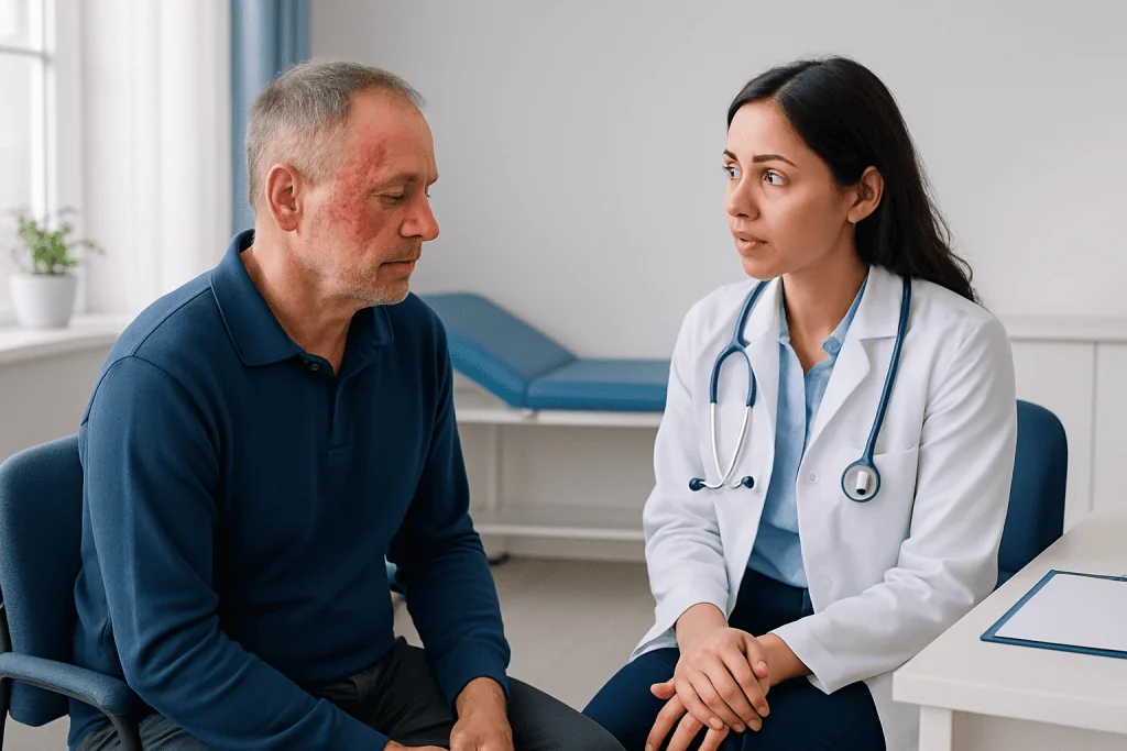 Doctor consulting with an elderly male patient in a medical office.